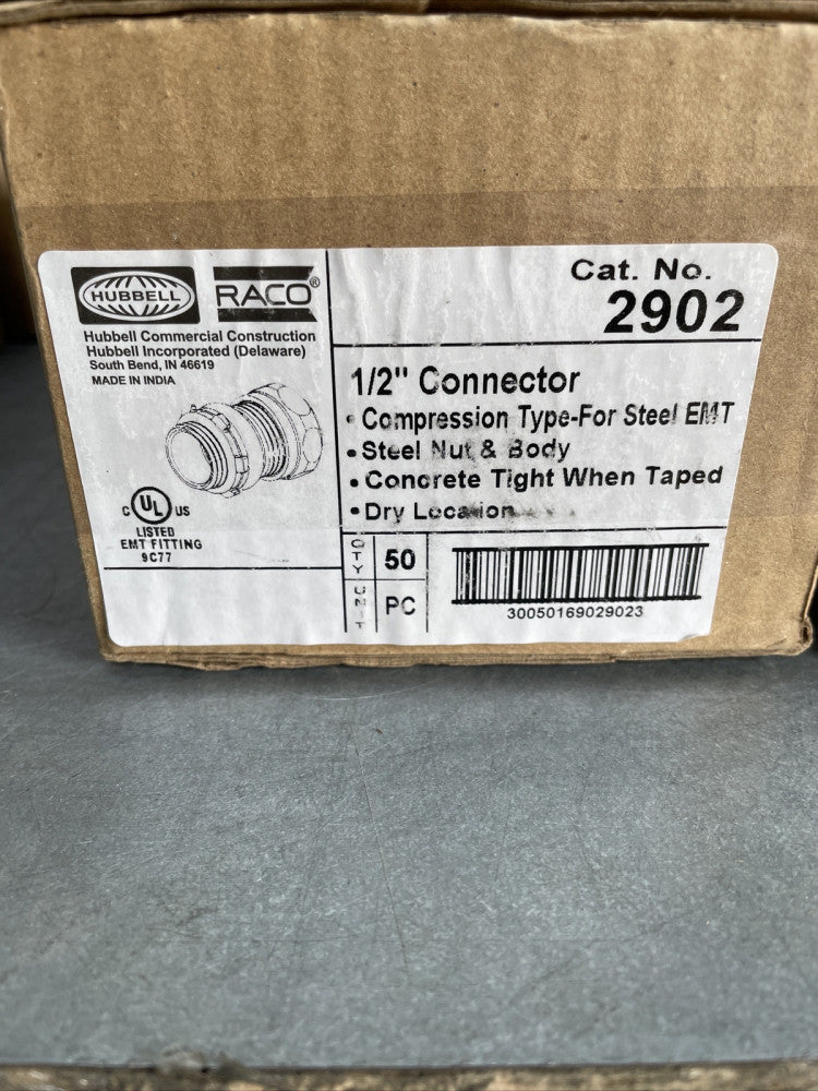 1 Box of 50- Raco Hubbell 2902 Compression Connector 1/2”  for Steel EMT ~ NEW