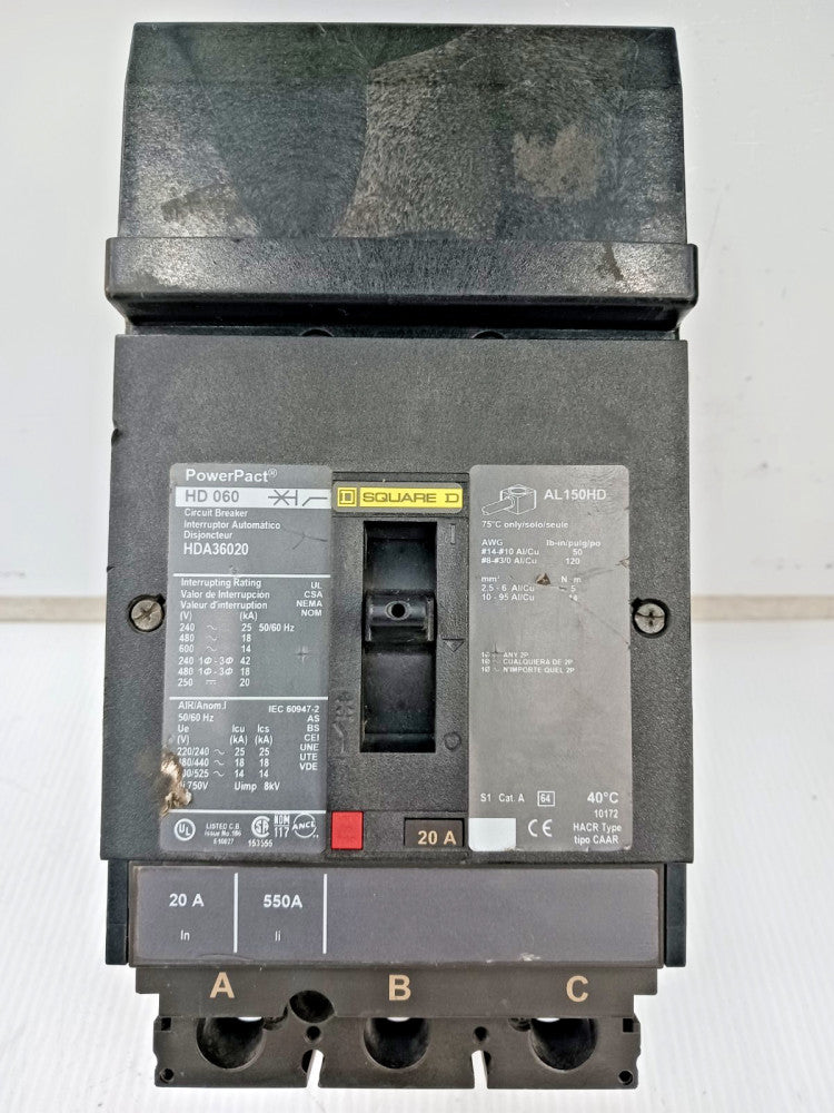 Square D PowerPact 20 Amp I-Line Circuit Breaker 3 Pole 600 VAC 18kA HDA36020