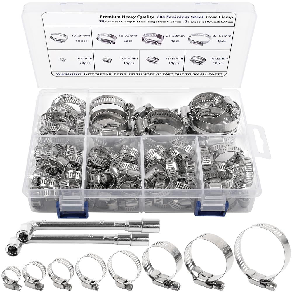 HongWay 78 Pack Hose Clamp Assortment Kit, Adjustable Range 1/4-2in(6-51mm), ...