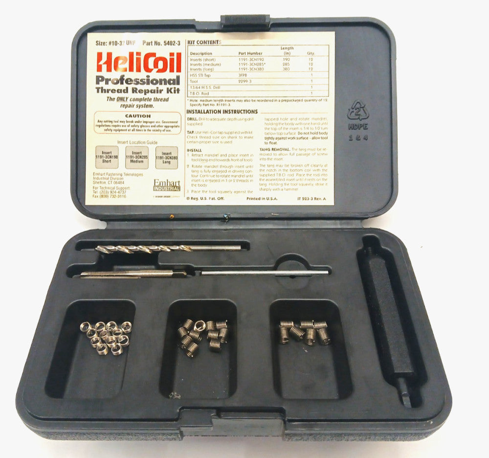 HELI COIL THREAD REPAIR KIT TANDED TANG STYLE FREE RUNNING 10-32 THREAD SIZE