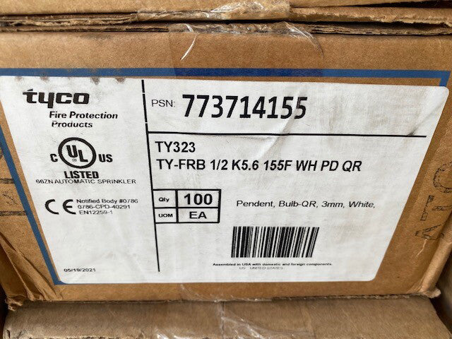 (100 Pack) TYCO 77371415 Series TY-FRB 1/2 in. 155F 5.6K Pendent Sprinkler Head