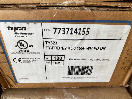 (100 Pack) TYCO 77371415 Series TY-FRB 1/2 in. 155F 5.6K Pendent Sprinkler Head