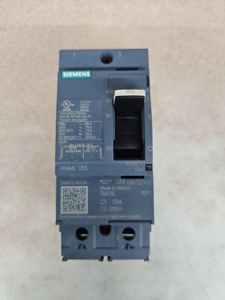 New Take Out Siemens 3VA4112-4ED24-0AA0 2 pole 125 amp 25kA 480v Circuit Breaker