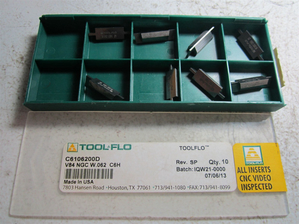 Tool-Flo (C6106200D) V84 NGC W.062 C6H Carbide Threading Insert - Pack of 8