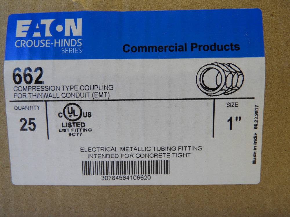 (25 pack) Eaton 662 1" EMT Compression Coupling for Thin Wall Conduit Steel Zinc
