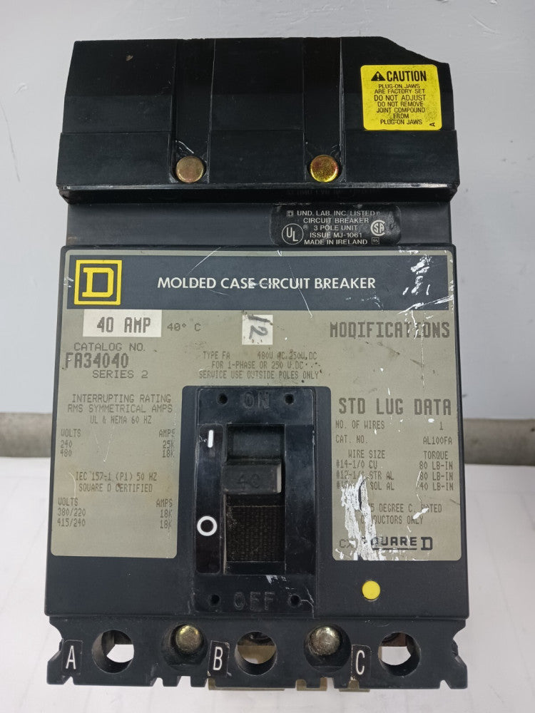 SQUARE D 40 AMP MOLDED CASE CIRCUIT BREAKER 3 POLE 480 VAC FA34040 (FLAW)