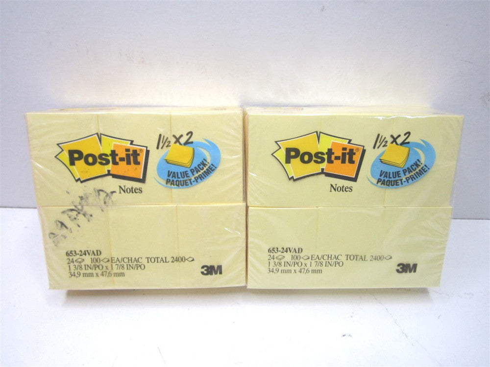3M (653-24VAD) 1.5 in x 2 in Canary Yellow Post-it Mini Notes 24ct. - Lot of 2 