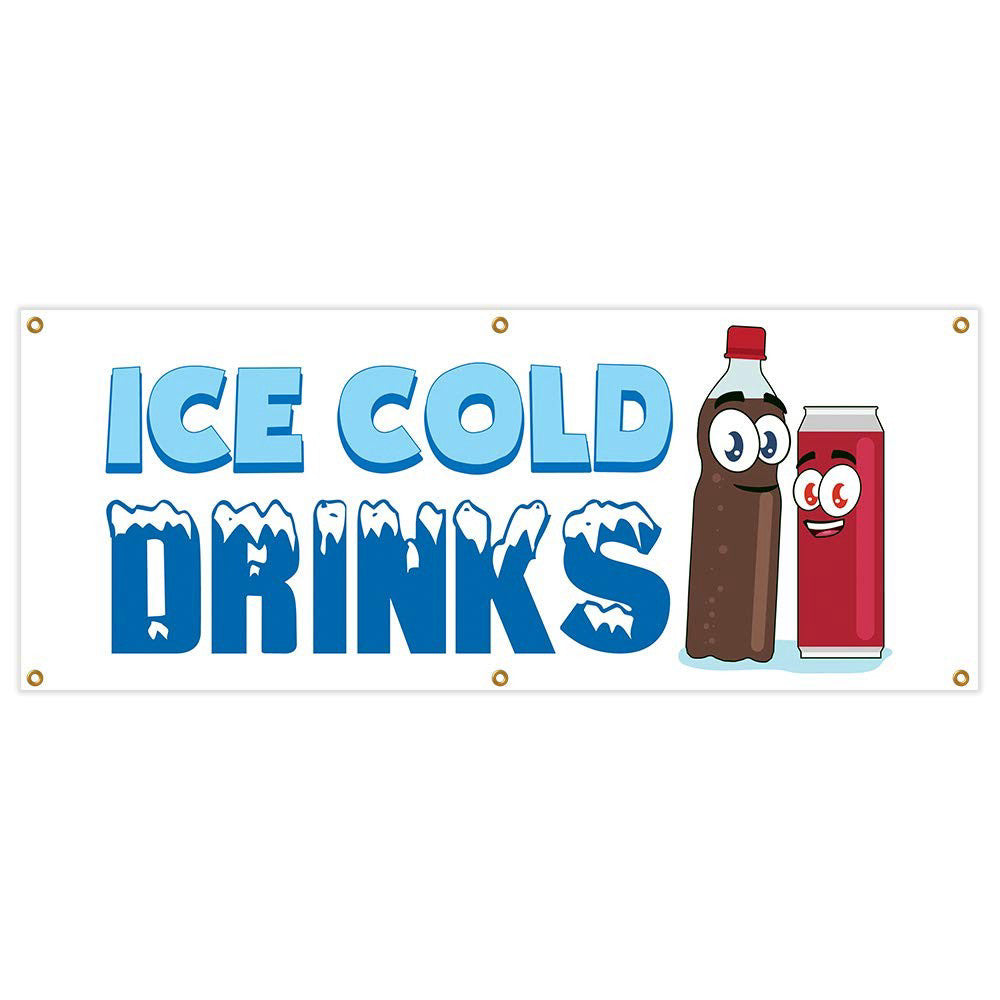 Ice Cold Drinks Banner 24" x 72", Heavy Duty Vinyl, Grommets, Single Sided