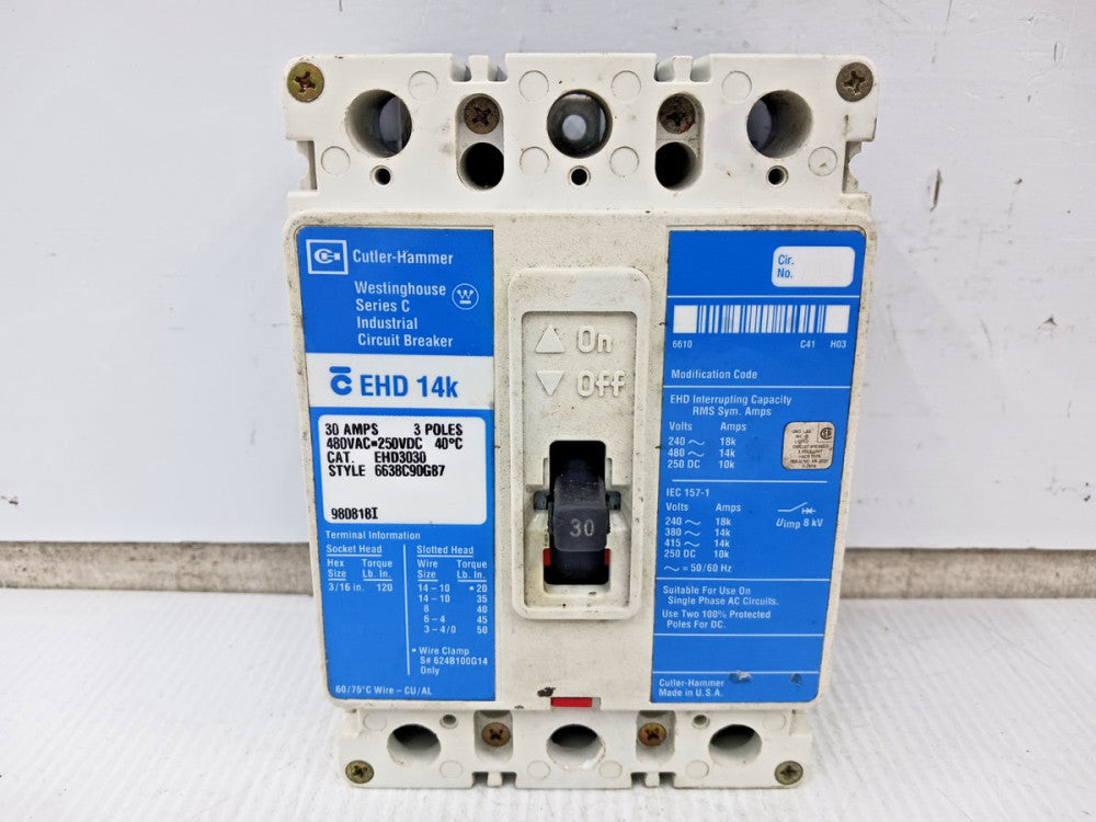 Cutler Hammer 30 Amp Circuit Breaker 3 Pole 480 VAC / 250 VDC 14kA EHD3030