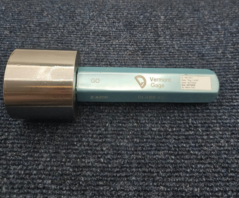 Vermont Gage J376620-1: Plug 2.4200" Class XX Go Inspection Smooth Bore