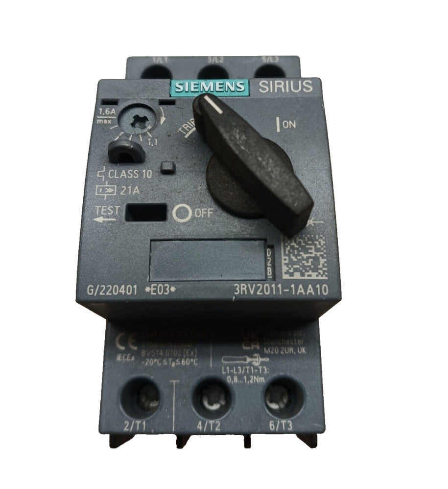 SIEMENS 3RV2011-1AA10 MOTOR STARTER CIRCUIT BREAKER 1.1 - 1.6 A