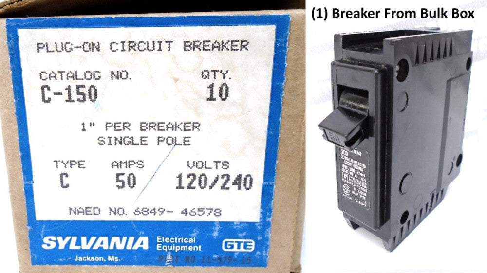 GTE SYLVANIA - C150 - CIRCUIT BREAKER - 50A - 10kA@120/240V - 1PL Plug-On (NEW)