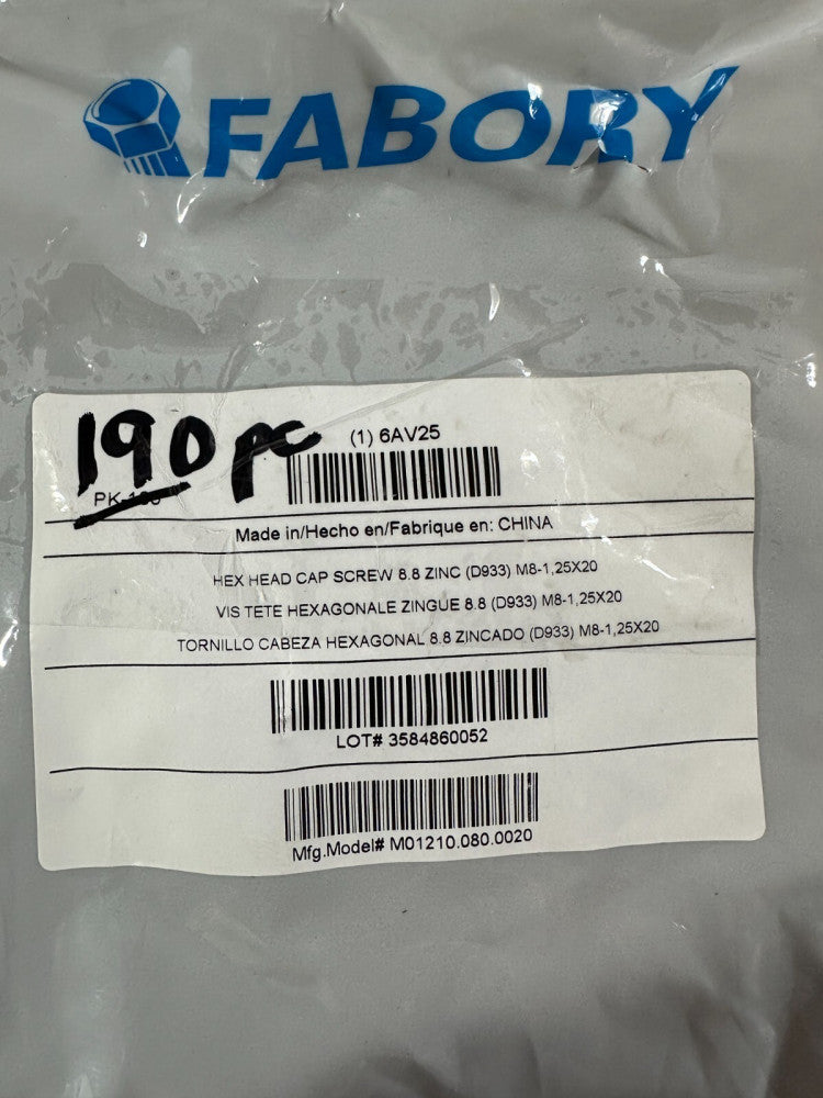 190pc Fabory Hex Head Cap Screw 8.8 Zinc D933 M8-1 25x20