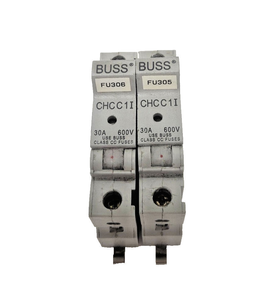 BUSSMAN FUSE HOLDERS (LOT OF 2) CAT NO. CHCC1I WIRE RANGE #8-18 AWG W/INDICATOR