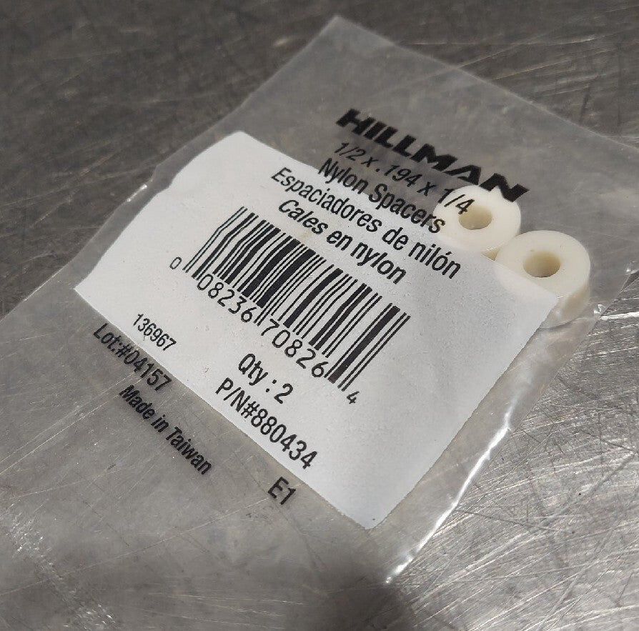 Lot Of 2 - P/N 880434 Hillman Nylon Spacer 1/2 x .194 x 1/4