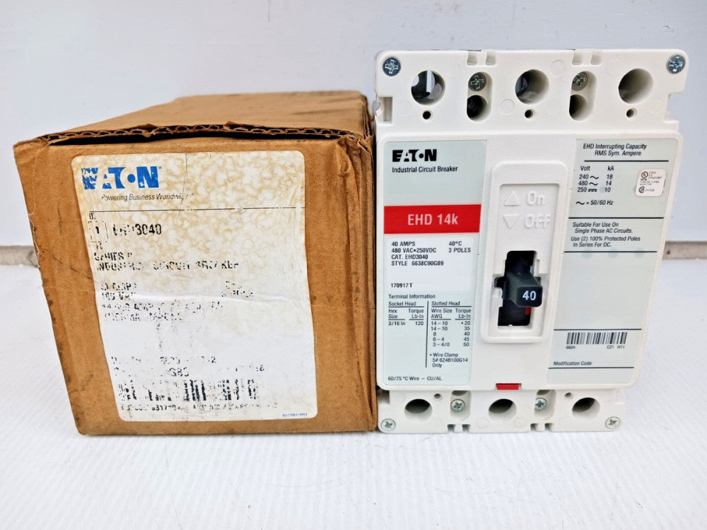 New Eaton 40 Amp Circuit Breaker 3 Pole 480 VAC / 250 VDC 14kA EHD3040
