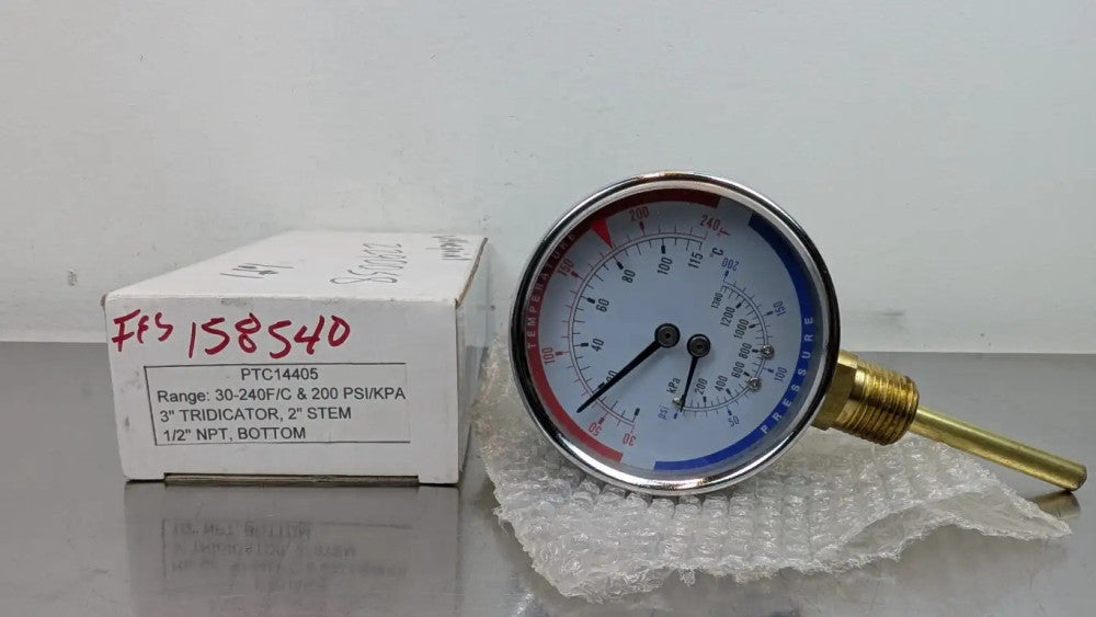 Trerice PTC14405 Guage 1/2" NPT 3" Tridicator 2" Stem 30-240°F 0-200 PSI