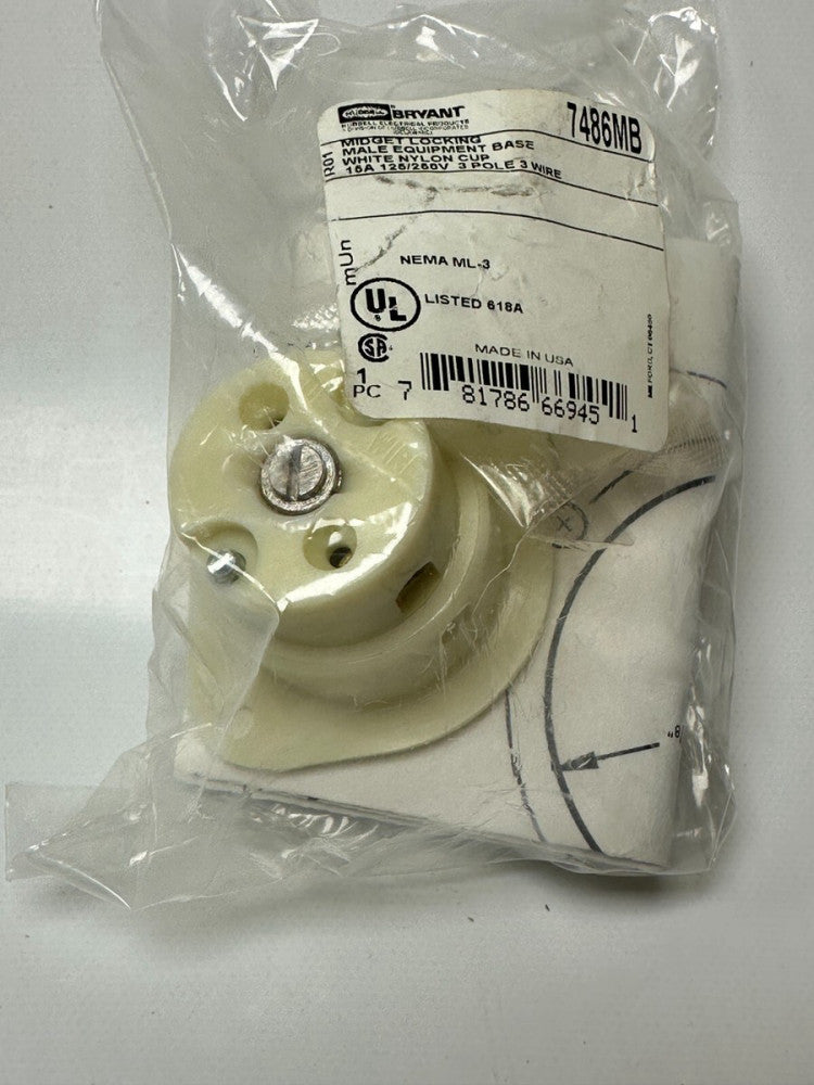 Hubbell Bryant 7486MB Midget Locking Male (Lot of 2) White Nylon 16A 120/250V