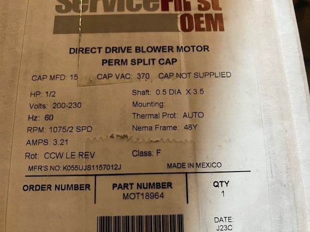 Trane MOT18964 - 200-230V, 1 PH, 1/2 HP, 1075 RPM (NEW)