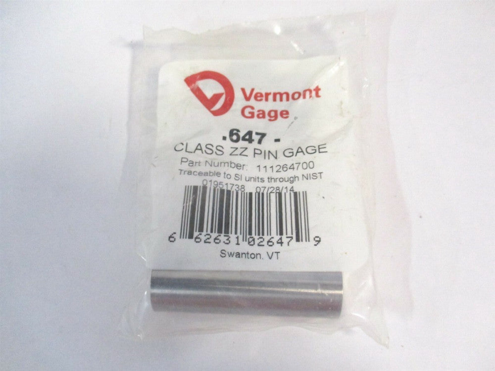 Vermont Gage (111264700) 0.647" Diam Class ZZ Minus Plug & Pin Gage 