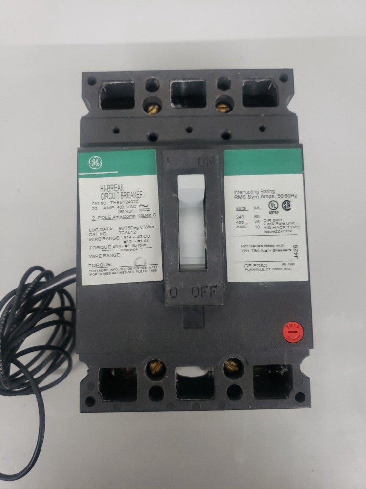1- GE GENERAL ELECTRIC THED124020 CIRCUIT BREAKER 20 AMP 480V 2 POLE NTO w/SHUNT