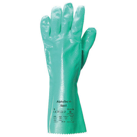 Ansell 39-124 Chemical Resistant Gloves, Nitrile, 14 In L, 47 Mil, Green, 9, 1