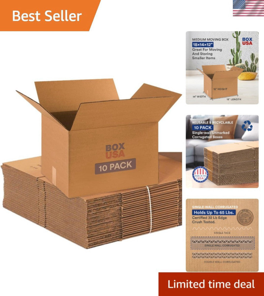 Durable Medium Moving Boxes 10-Pack 18"L x 14"W x 12"H - Eco-Conscious Packing