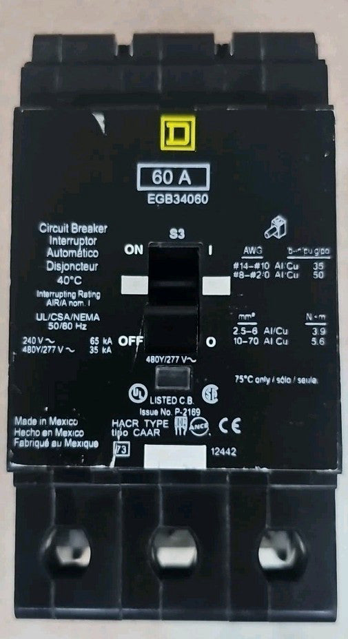 SQUARE D EGB34060 Circuit Breaker 3 Pole 60 Amp 480Y/277 VAC NT NTO