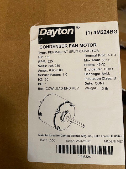 Dayton 4M224 Fan Motor, PSC, 1/8 HP, 825, 208-230v, 48YZ ; Voltage. 230 Volts
