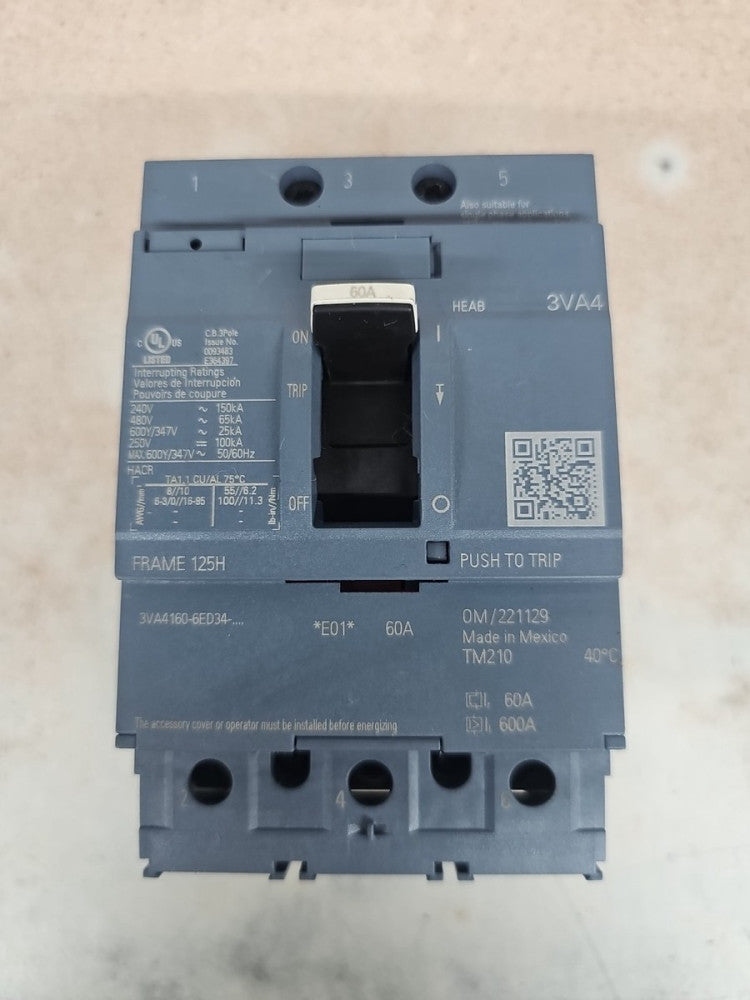 SIEMENS 3VA4160-6ED34-0AA0 Breaker 3VA41 3P 60A 65KA NTO