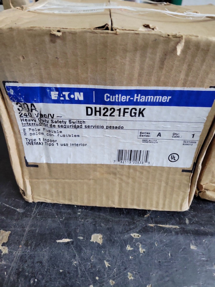 1- Cutler Hammer DH221FGK, 30 Amp, 240V, 2P2W, NEMA 1, Fusible Disconnect NEW OS