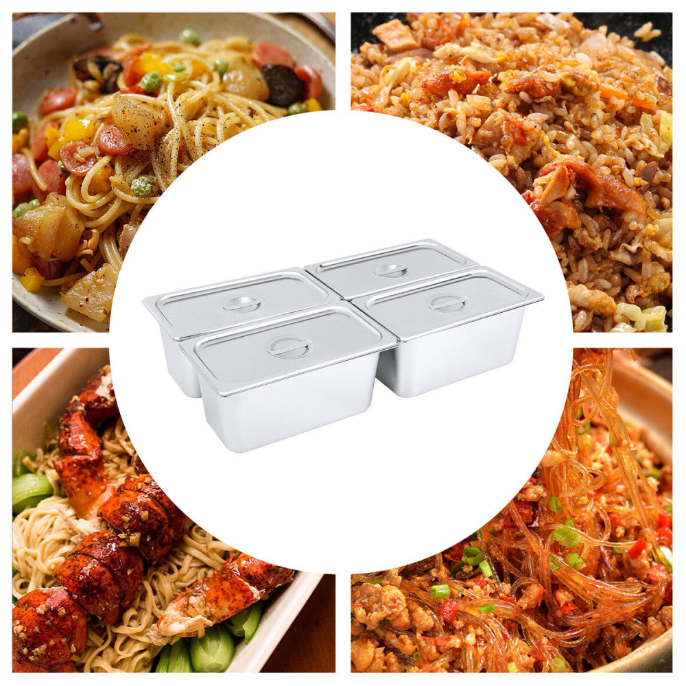 4Pcs 6" Stainless Steel Deep Steam Table Pans with Lids 1/3 Size Hotel Food Prep