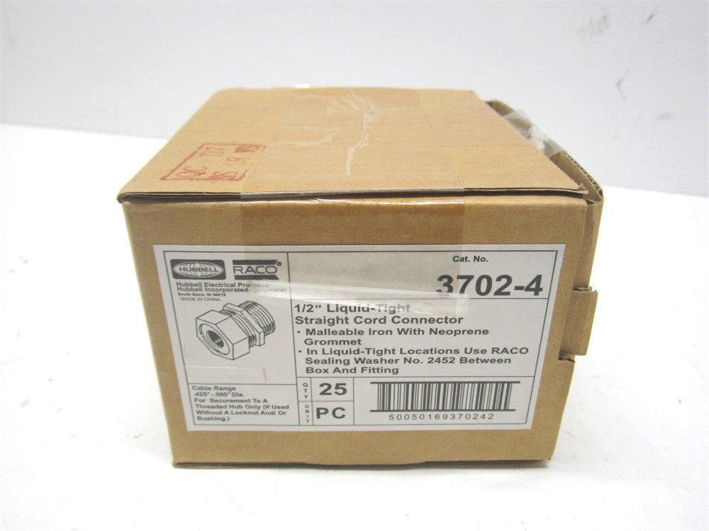 Hubbell 3702-4 0.5-0.425" Liquidtight Straight Strain Relief Cord Grip - Qty 25