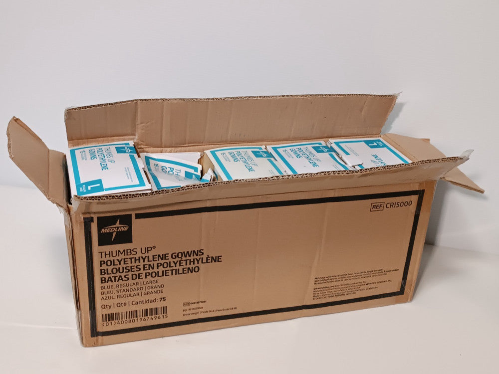Lot of 75: Medline CR15000 Thumbs Up Polyethylene Gowns, Blue, Regular, Large