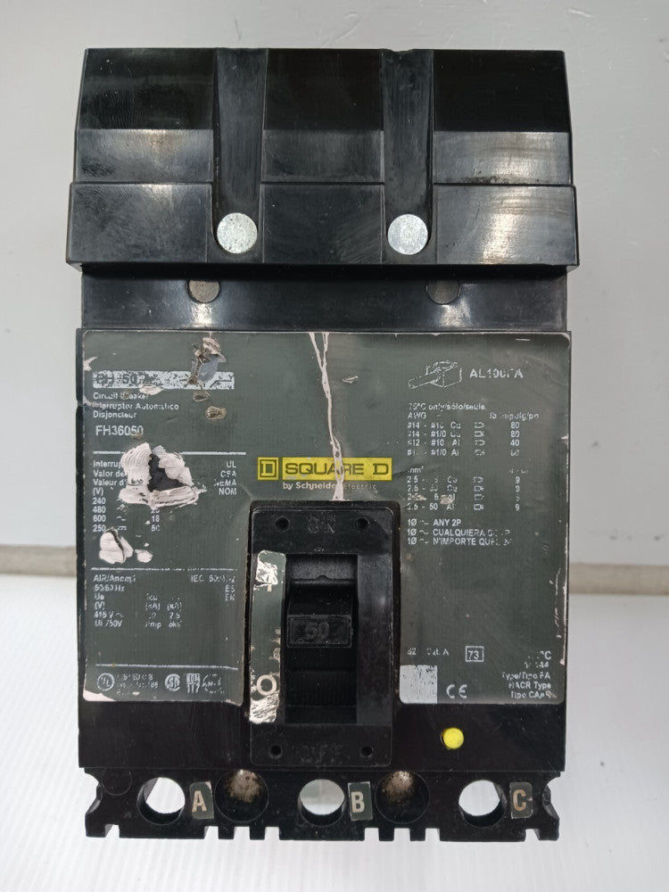 Square D 50 Amp I-Line Circuit Breaker 3 Pole 600 VAC / 250 VDC 25kA FH36050