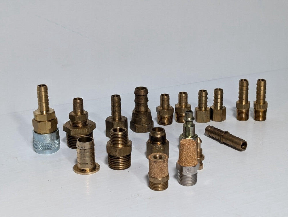 Lot of 17 Asstd Brass Hose End Fittings + Sintered Bronze Conical + Flow Muffler