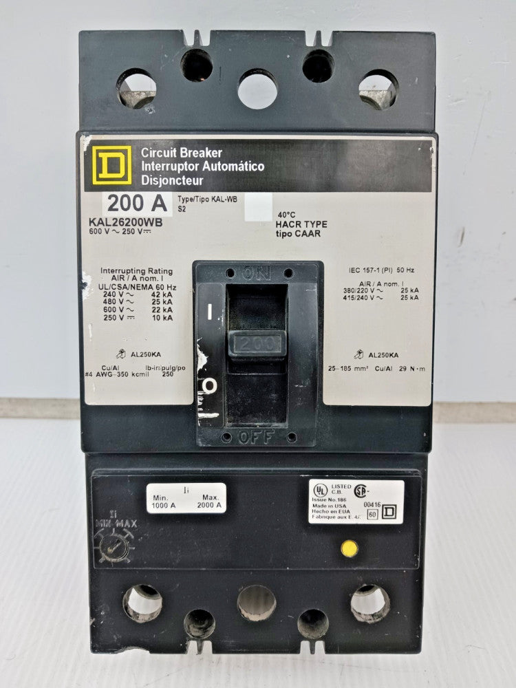 Square D 200 Amp Circuit Breaker 2 Pole 600 VAC / 250 VDC 25kA KAL26200WB (Flaw)