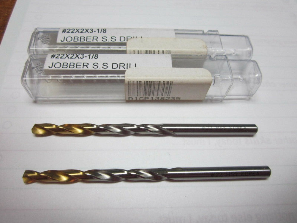 YG1 (D1GP138235) #22 2" x 3.125" OAL TiN HSS Jobber Length Drill Bits - Lot of 2