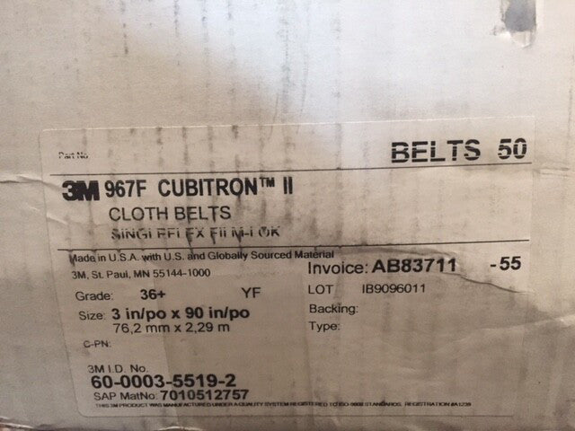 (Box of 50) 3M 3" X 90" Cubitron II Cloth Belt 967F 36 GRADE (NEW)