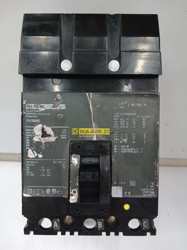 Square D 50 Amp I-Line Circuit Breaker 3 Pole 600 VAC / 250 VDC 25kA FH36050