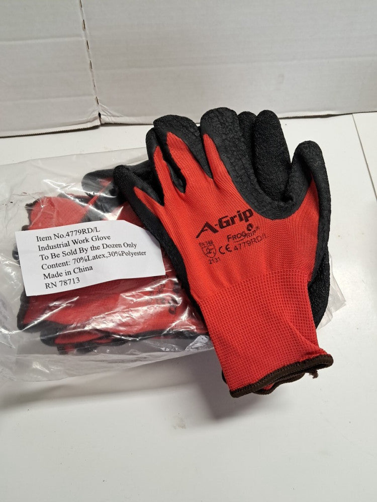 12 Pair A-Grip Red Safety Work Gloves Latex Rubber Coated Grip Cut Resistant