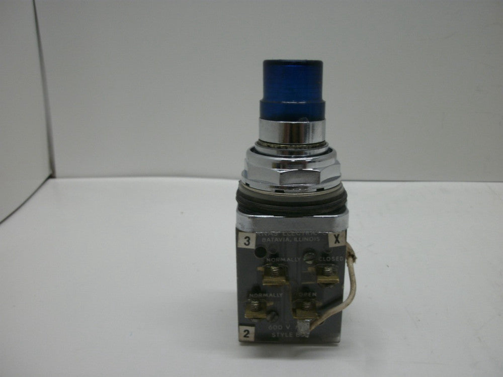 FURNAS BJXPL1 PUSHBUTTON TRANSFORMER W/CONTACT (BLUE) ILLUMINATED MOM 1NO 1NC