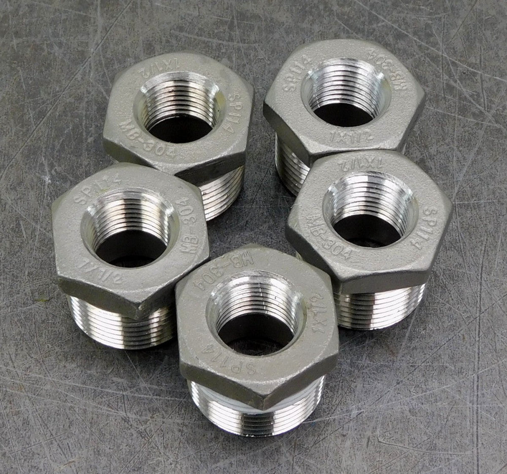 Lot of Five (5) 304 Stainless Steel Reducing Hex Bushing 1" x 1/2" SP114