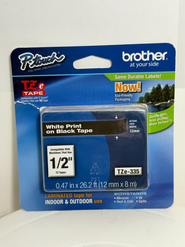 Brother P-Touch Labeler TZe Tape TZe-335 White Print on Black Tape 1/2" 12mm
