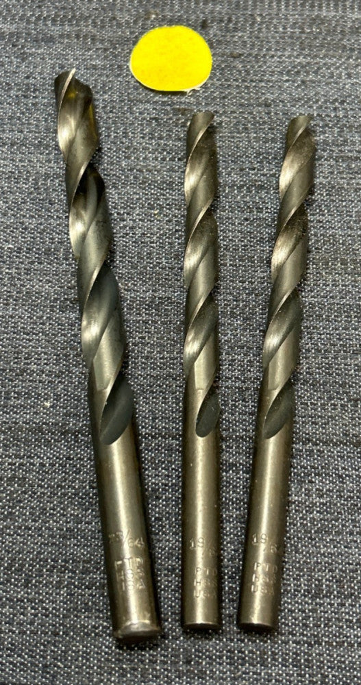 PRECISION TWIST HSS  2 FLUTE DRILL BIT 2) 19/64"  1) 23/64"  LOT OF 3