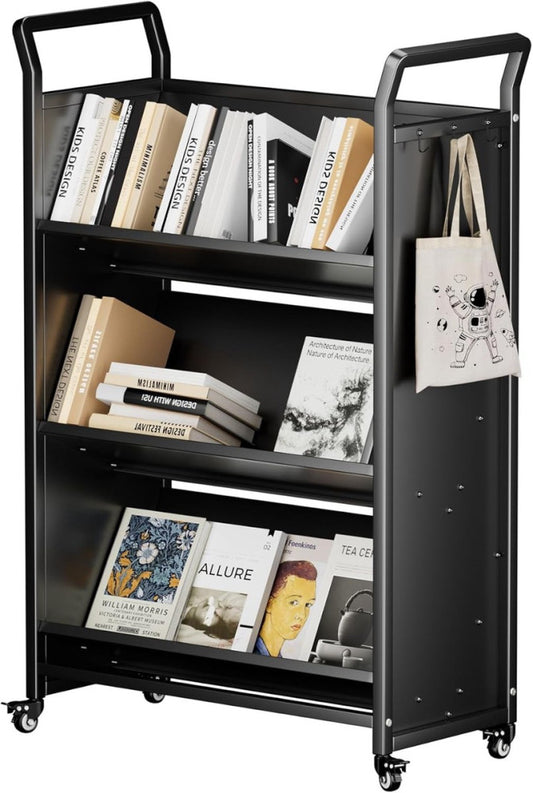 3-Tier Metal Book Cart&Wheels,V-Shaped Rolling Book Shelf Storage forHome Office