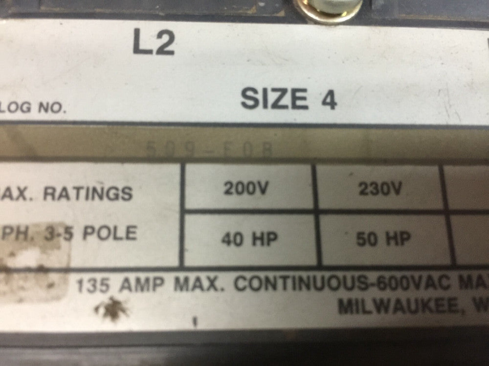 NEW NO BOX ALLEN BRADLEY SIZE 4 135 AMP 3 POLE 120 VAC COIL 100 HP STARTER 509-E