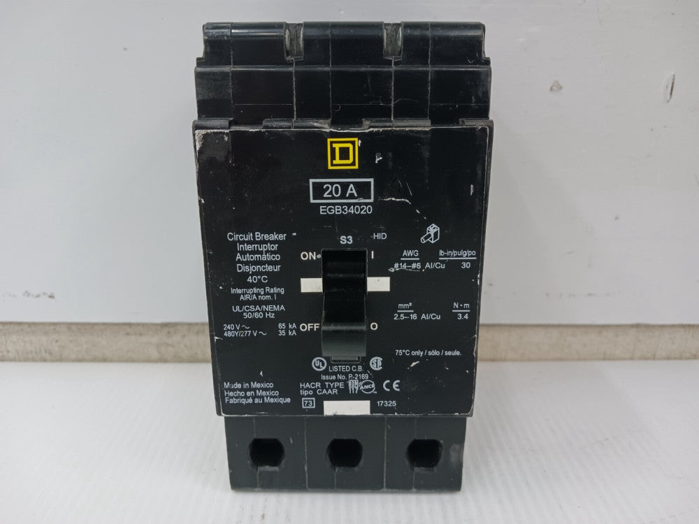 Square D 20 Amp Bolt-On Circuit Breaker 3 Pole 480Y/277 VAC 35kA EGB34020