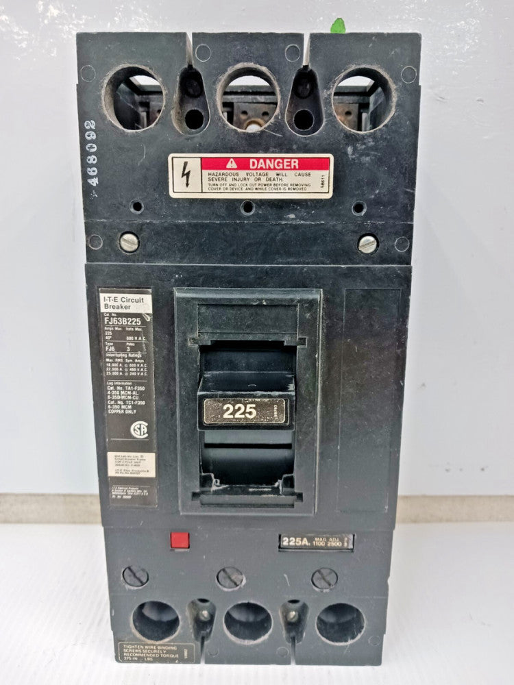 SIEMENS ITE 225 AMP CIRCUIT BREAKER 3 POLE 600 VAC FJ63B225