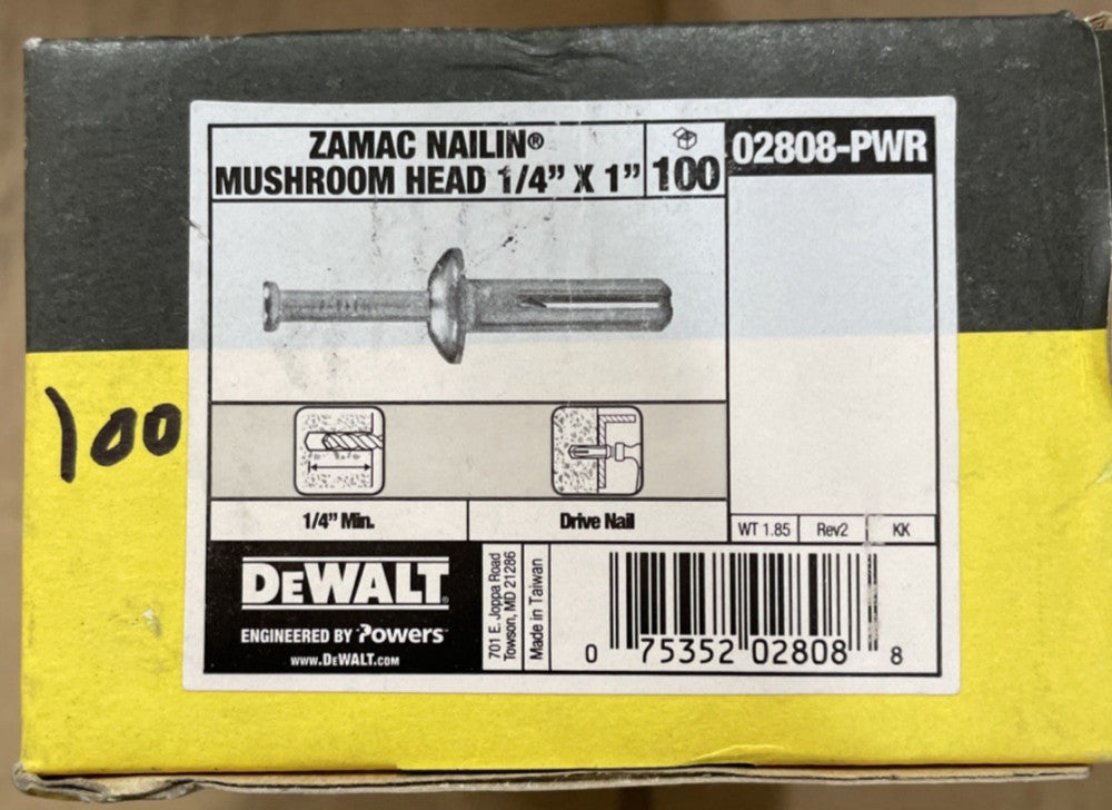 DeWalt 02808-PWR Zamac Nailin Mushroom Head 1/4" x 1" (100 Pack)